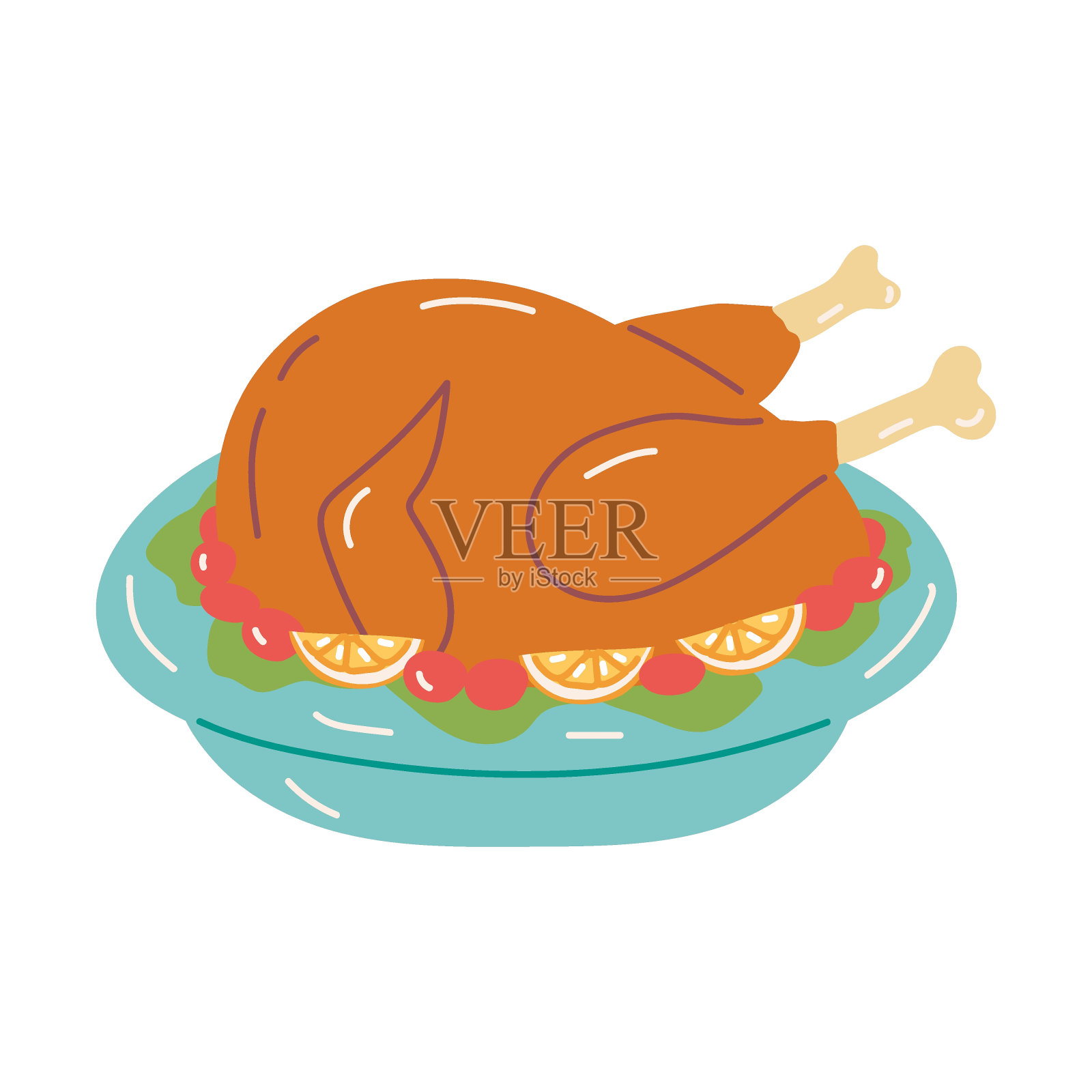 火鸡放在盘子里。感恩节的收藏。平面向量插图插画图片素材