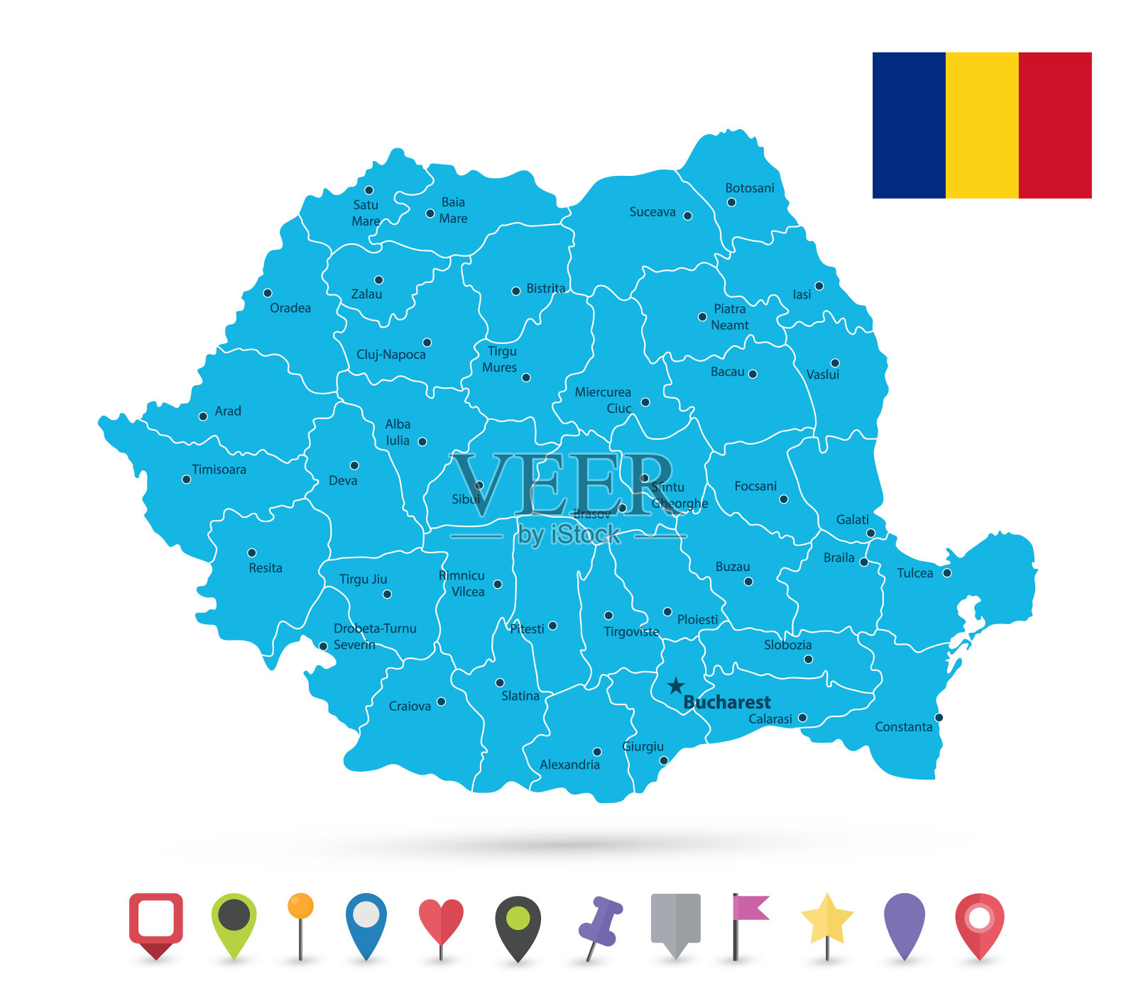 详细的罗马尼亚矢量地图，行政区划分成地区和县，有名称和国家在欧洲的位置插画图片素材_ID:411929694-Veer图库