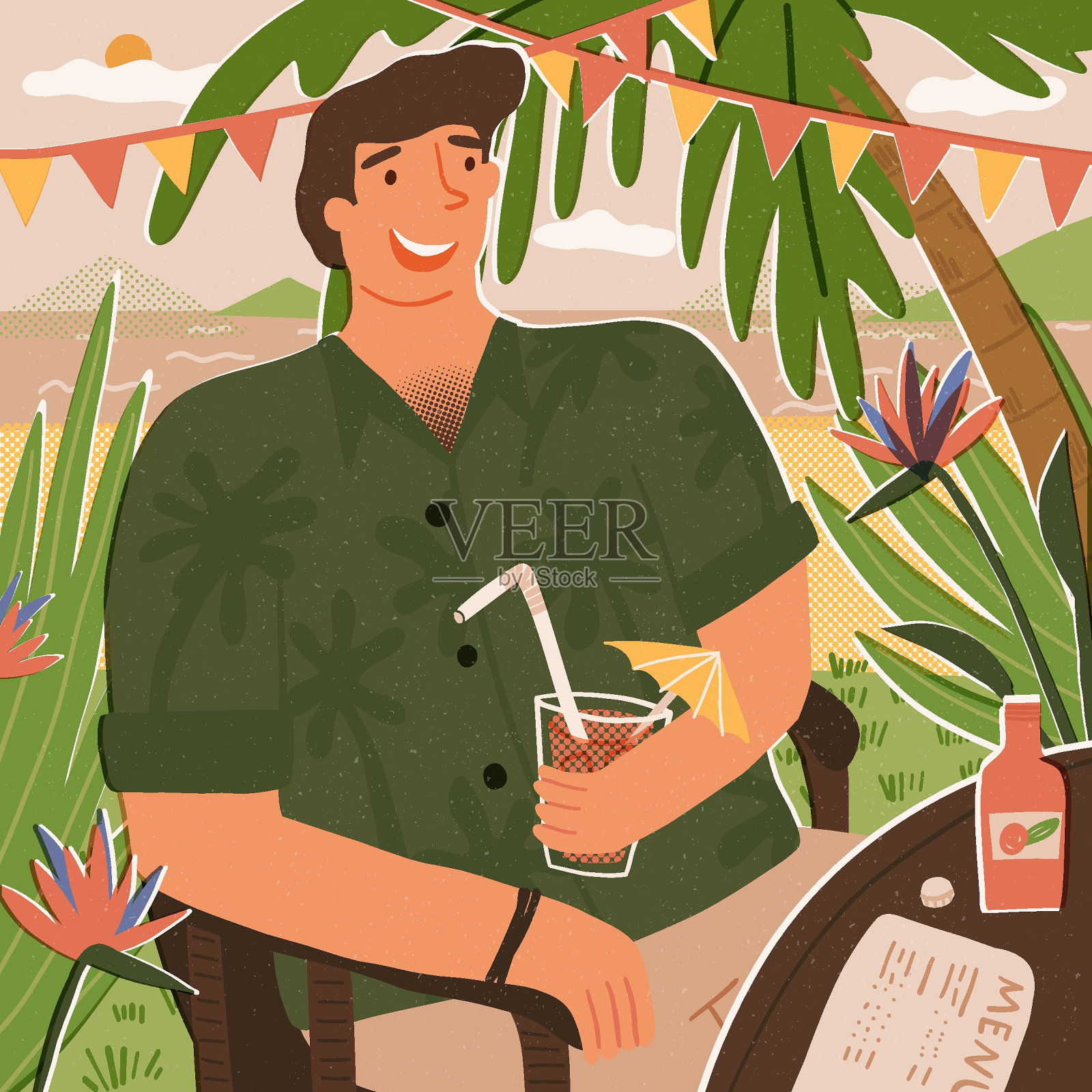 在异国他乡度假放松的人，在海滩咖啡馆享受清爽的鸡尾酒。热带岛屿上的旅行、放慢节奏、天堂生活、慢生活的概念。插画图片素材