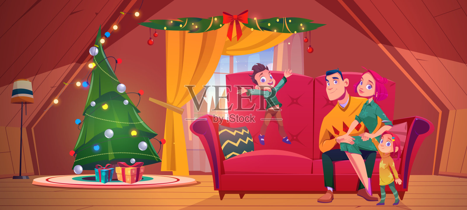 幸福的家庭在小屋庆祝圣诞节插画图片素材