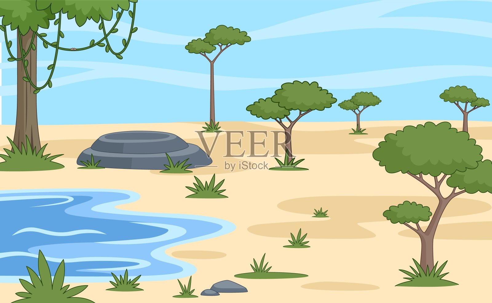 森林中的河流与野生动物的场景插画图片素材_ID:422366652-Veer图库