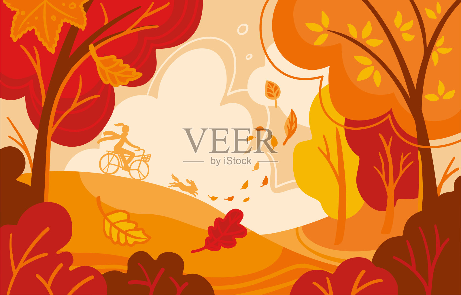女孩骑着自行车和你的狗在秋天的公园里散步。秋天的背景。插画图片素材
