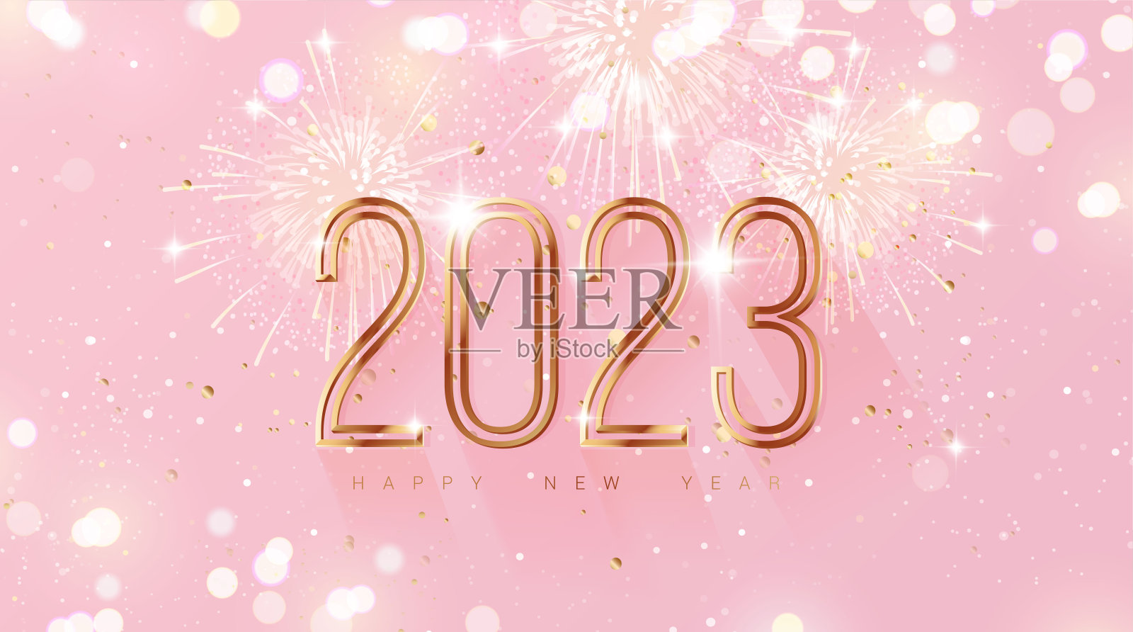 2023年新年快乐的节日背景与3d数字2023，烟花和圣诞彩灯。插画图片素材
