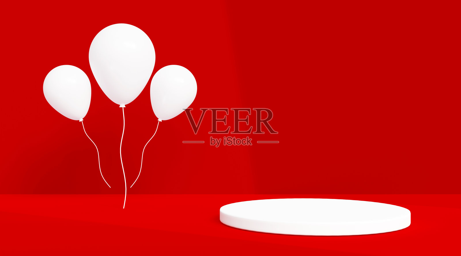 抽象产品演示讲台基座与一组白色气球在红色背景照片摄影图片