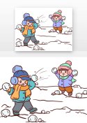 手绘卡通冬季儿童打雪仗元素符号图片