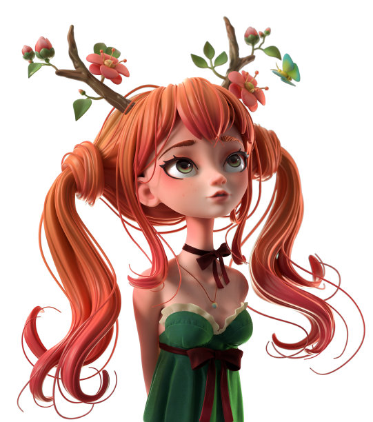 3d卡通人物红头发的女孩穿着绿色的裙子图片