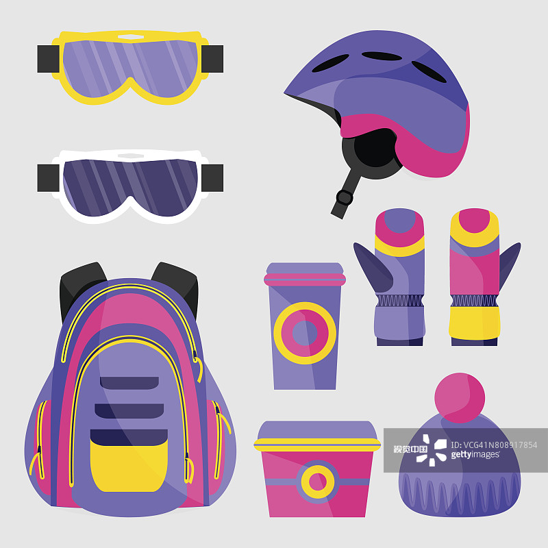 滑雪，单板滑雪配件-头盔，背包，面具，手套，午餐盒，杯子图片素材