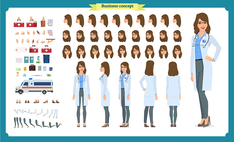 女医生角色创造集。正面，侧面，后视图动画角色。医生角色的创建设置有不同的视图图片下载