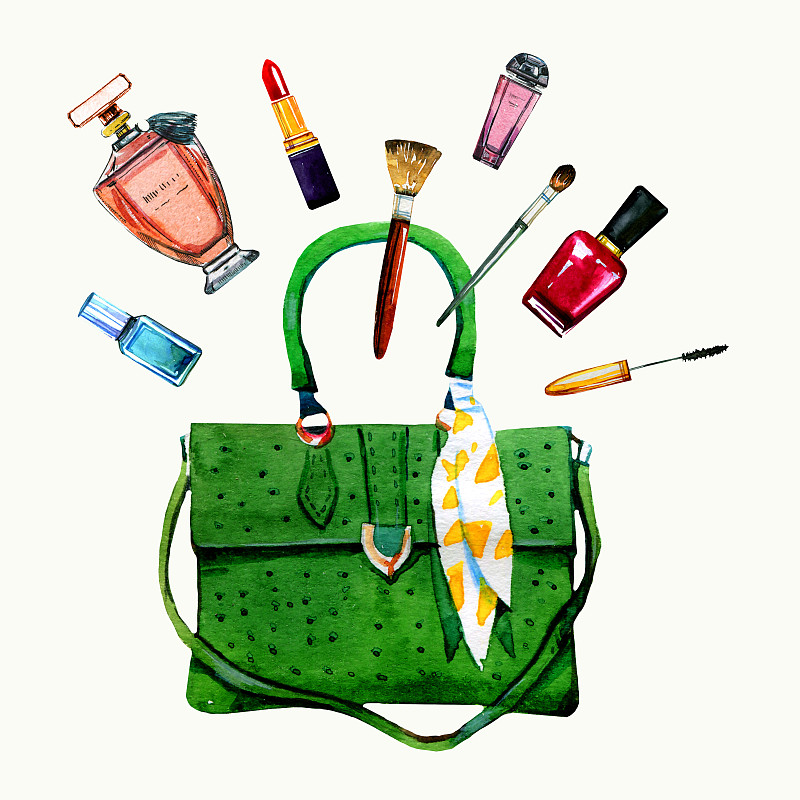 手绘水彩插画与绿色风俗化的女性包，香水和化妆品下载