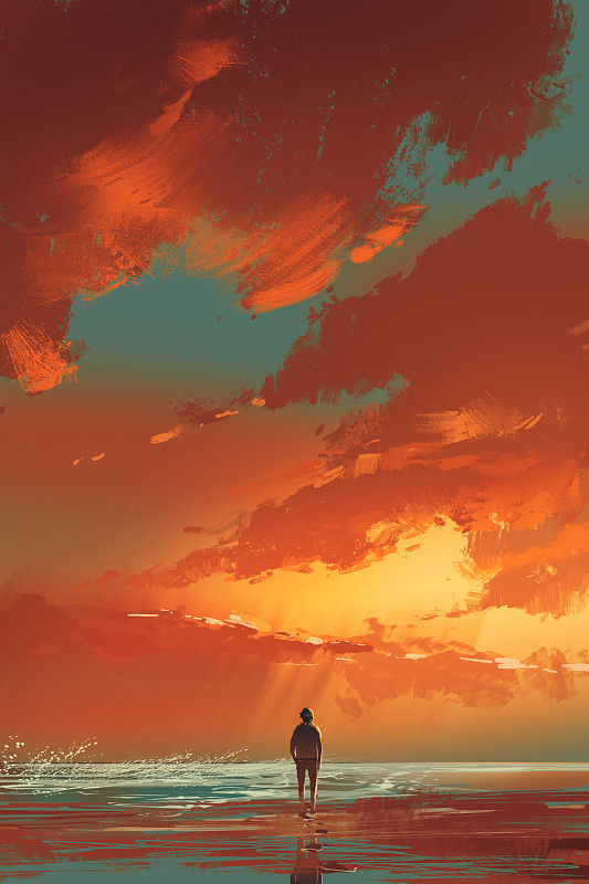 一个孤独的人站在夕阳下的海上图片下载