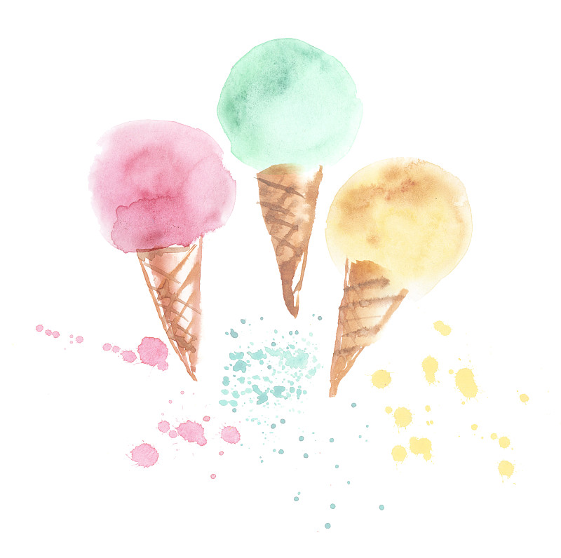 三个淡色冰淇淋蛋筒插图。水彩艺术作品图片下载