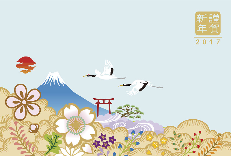 两只自然界中的日本鹤-新年贺卡图片下载