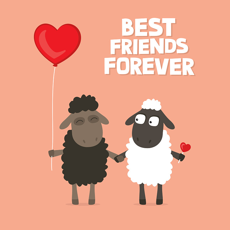 情人节卡片与可爱的卡通绵羊牵着手与文字说最好的朋友永远图片下载