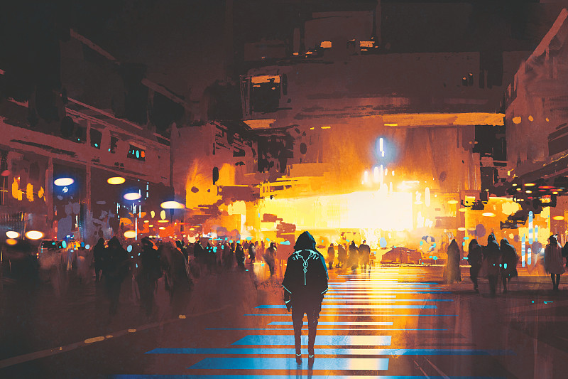 晚上站在街上的人看着未来的城市图片下载