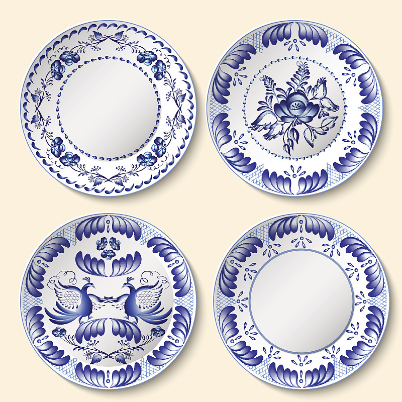 格热尔风格的蓝色民族图案装饰瓷盘。图片下载