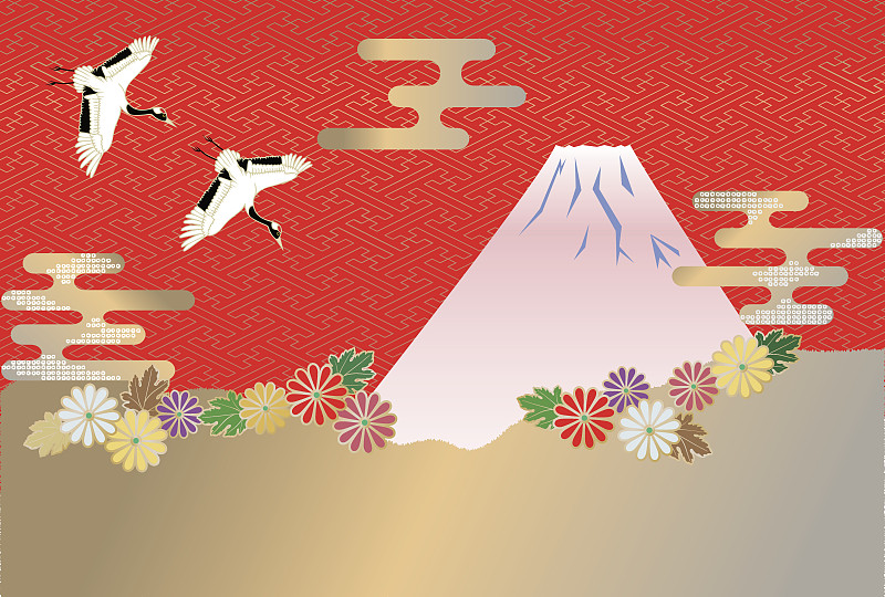 日本风格的富士山形象和菊花和日本图案。图片下载