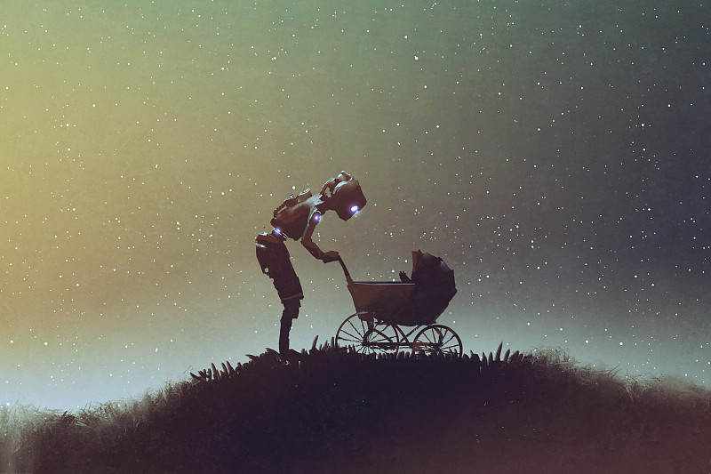 机器人在星空下看着婴儿车里的婴儿图片下载