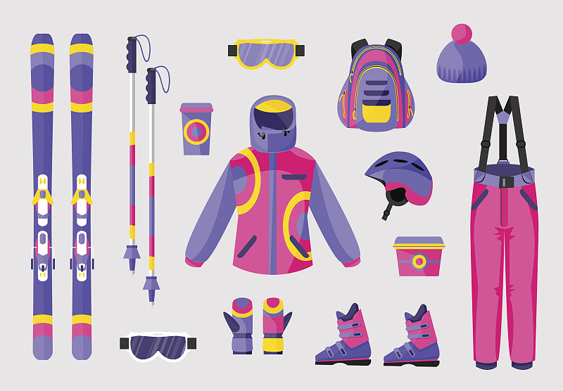 一套滑雪板装备，服装设备图标，平面矢量插图图片素材