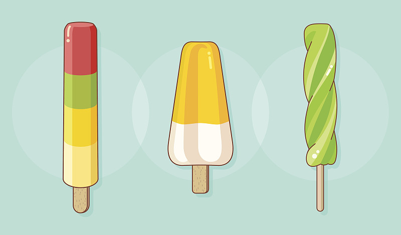 一套彩色美味的孤立的冰淇淋在绿松石背景。木棒上的几种不同颜色的果汁。矢量插图。图片下载