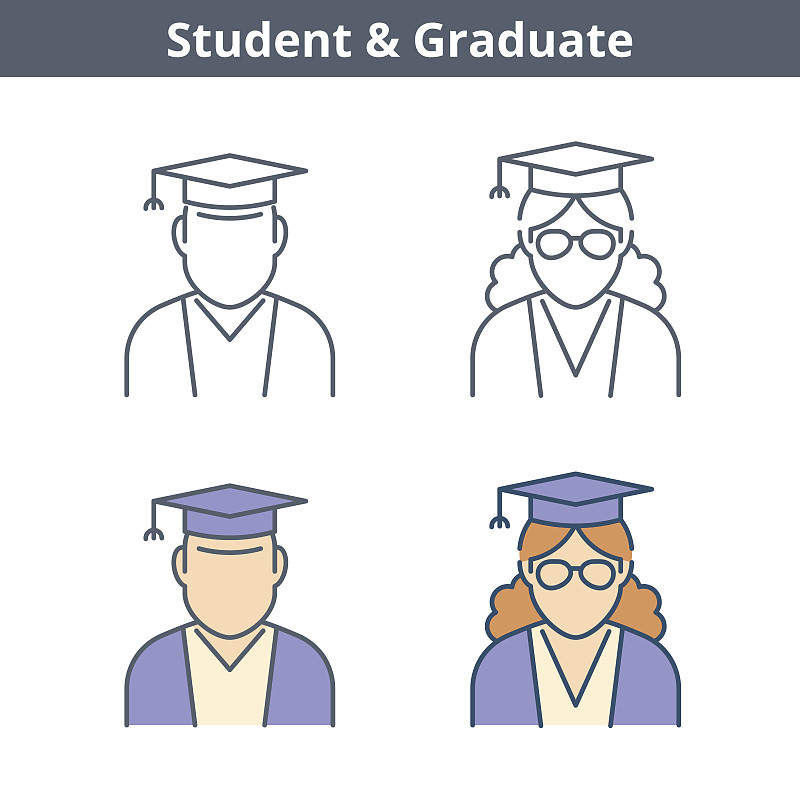 职业线性角色集:学生，毕业生。薄的轮廓图标。图片下载