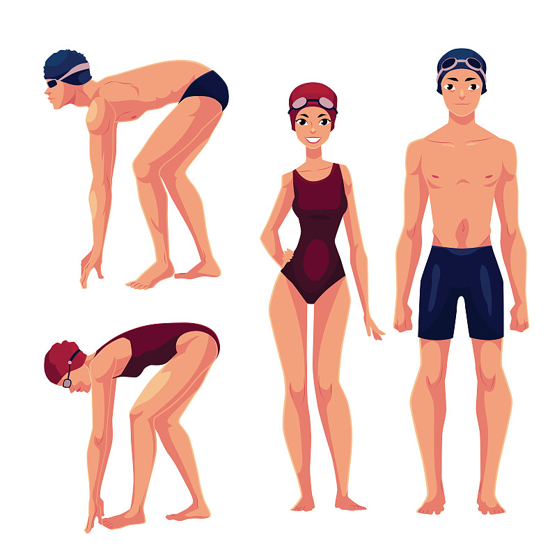 男性和女性游泳者，直立和准备潜水图片下载