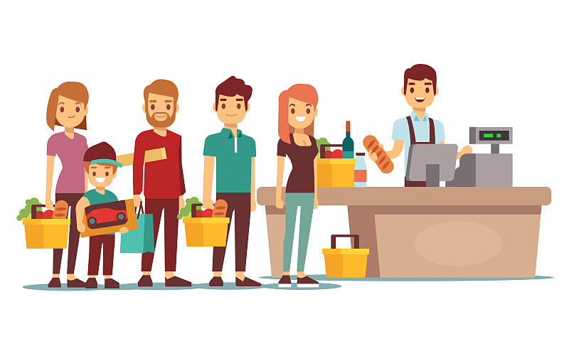 顾客和收银员在超市收银台排队。购物向量的概念图片下载