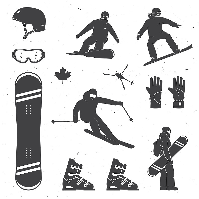 一套冬季运动器材，滑雪者和滑雪板者的剪影图片素材