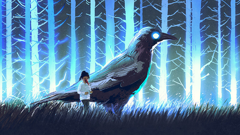 女孩和大乌鸦在蓝色的森林里图片下载