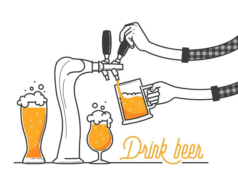 酒吧里的啤酒汩汩作响。德国的慕尼黑啤酒节。喝啤酒排版矢量插图上的白色背景。黄色啤酒和泡沫度假。喝得越多越好。干杯图片素材