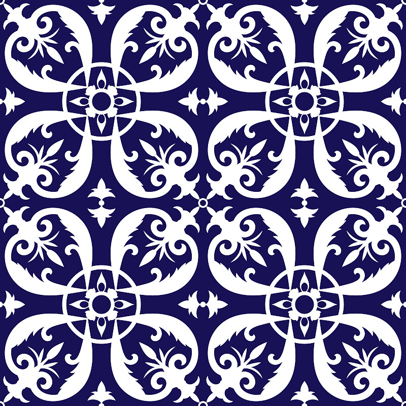 代尔夫特瓷砖图案向量与蓝色和白色的装饰。葡萄牙的阿祖列霍，墨西哥的塔拉韦拉，荷兰，西班牙或意大利的majolica图案。用于墙纸或地板设计的瓷砖背景。图片下载